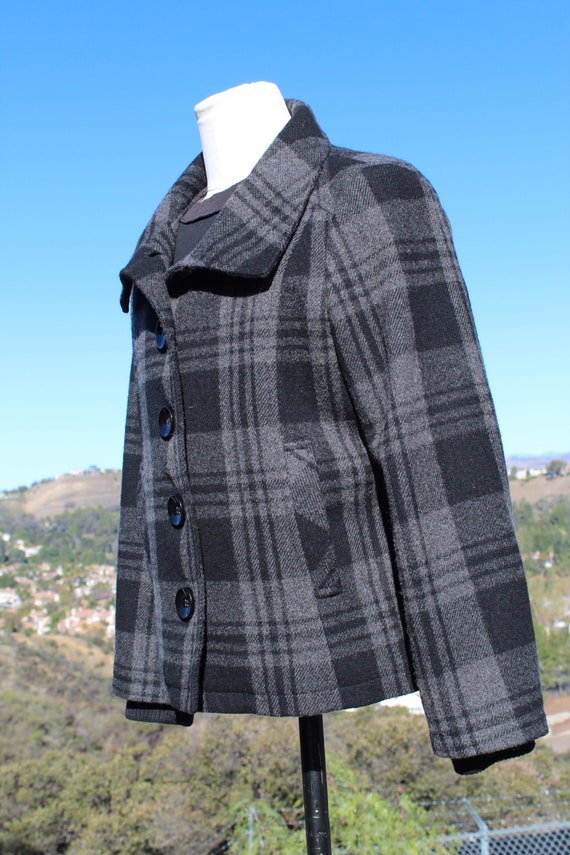 80s Black Grey Plaid Wool Peacoat (Vintage / 80s) - image 3