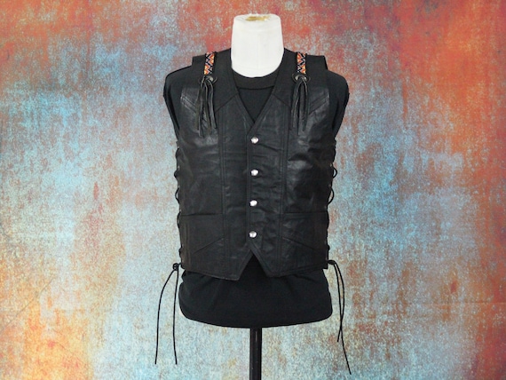 70s Snap Black Leather Vintage Vest w/ Beading and