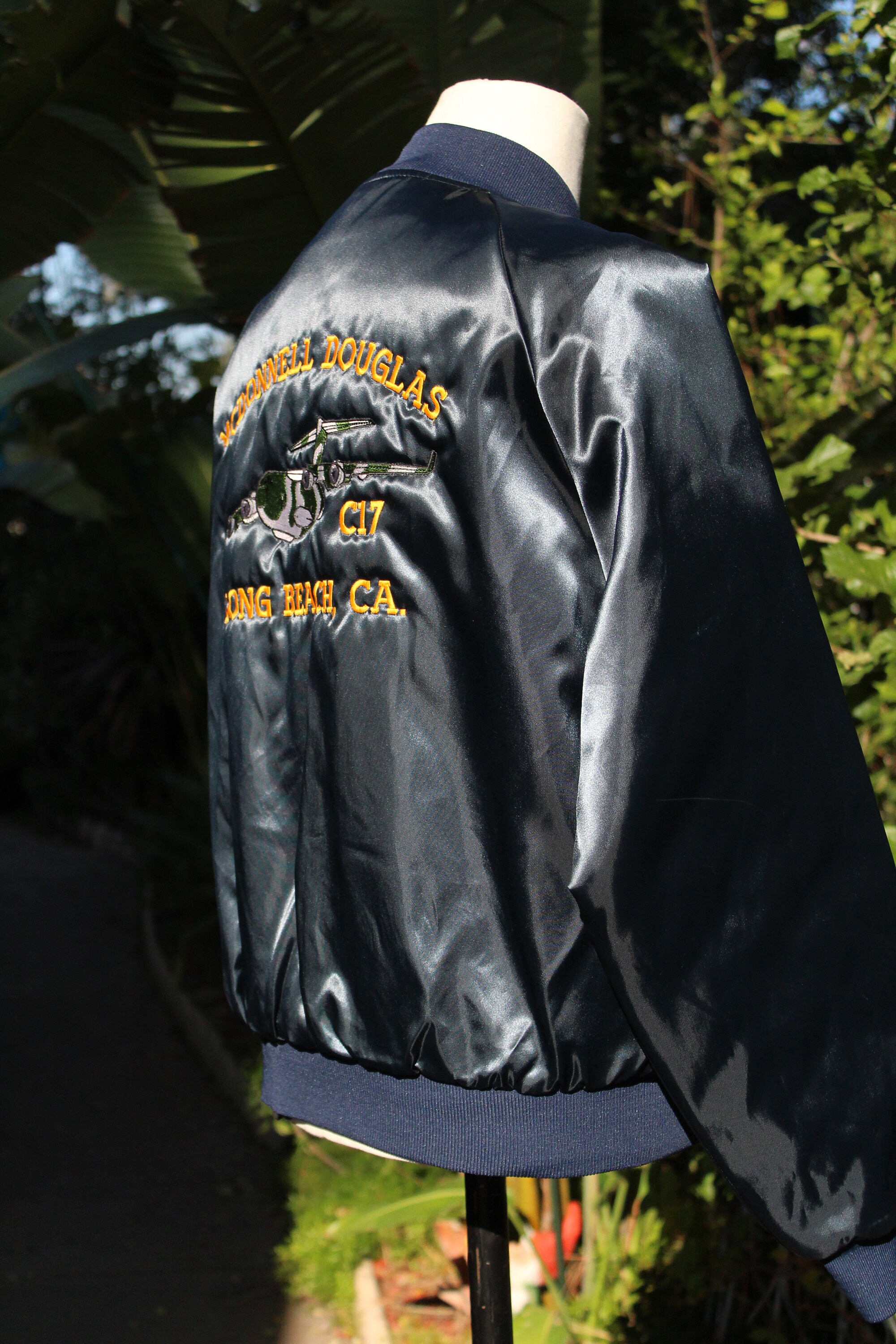 Vintage Blue Mcdonnell Douglas C-17 Satin Bomber Jacket Made USA 