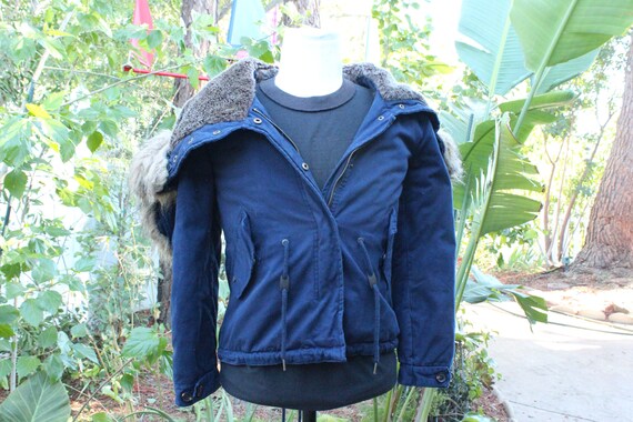 Vintage 80s Short Blue Fishtail Parka Split Hood (