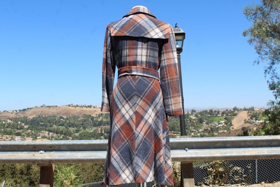 RARE 70s Long Blue White Orange Plaid Long Trench… - image 5