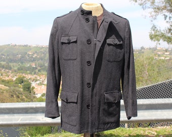 Vintage Black Wool Luxury Field Jacket Overcoat XL (Vintage / 90s)