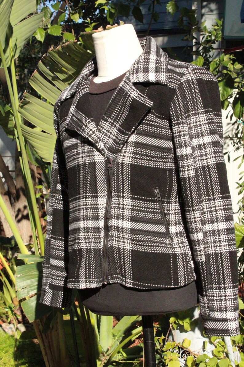 Vintage 80s Black Grey Stripped Wool Blend Motorcycle Jacket