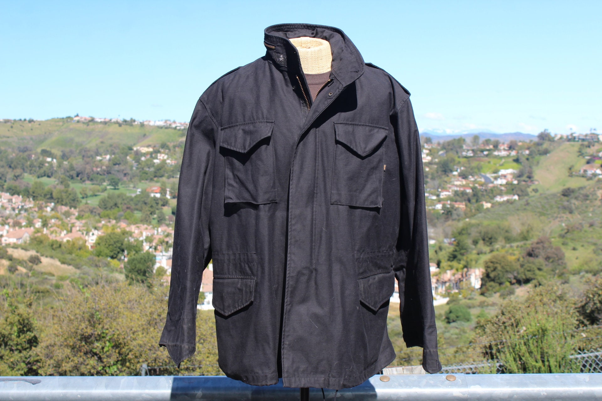 Vintage 80s Black Military Field Jacket 2XL W Hidden Hood (vintage