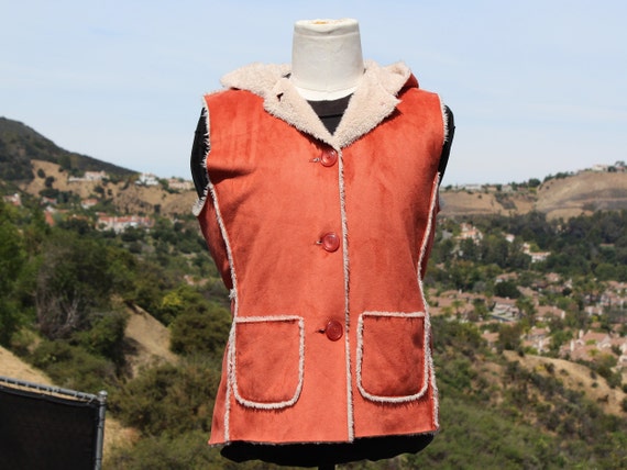 Vegan Salmon Pink Suede Vest With White Shearling and Hood vintage 80s Etsy UK