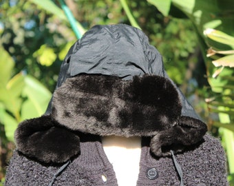 Black Nylon Winter Hat w Black Faux Fur Lining (Vintage / 80s)