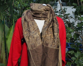 Brown / Tan Silk Pashmina Wrap / Scarf (Vintage / 80s)