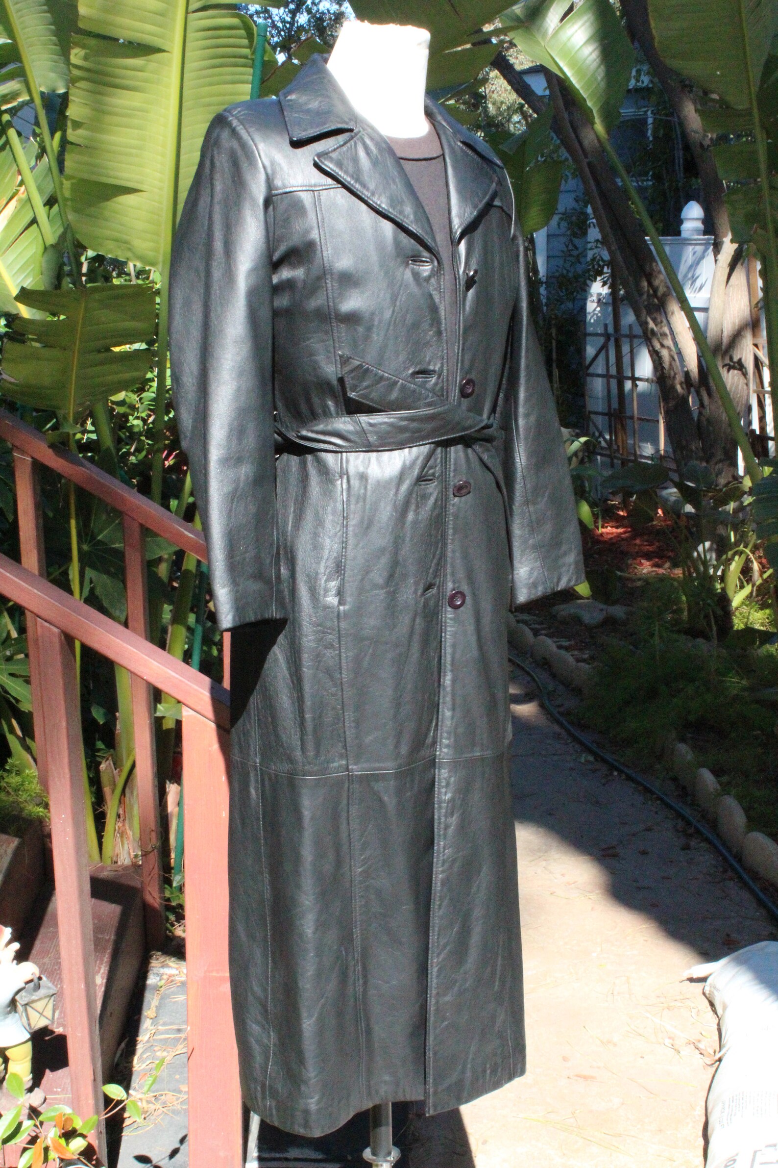 Long Black Leather Wilson's Trench Coat vintage / 80s / Wilson's