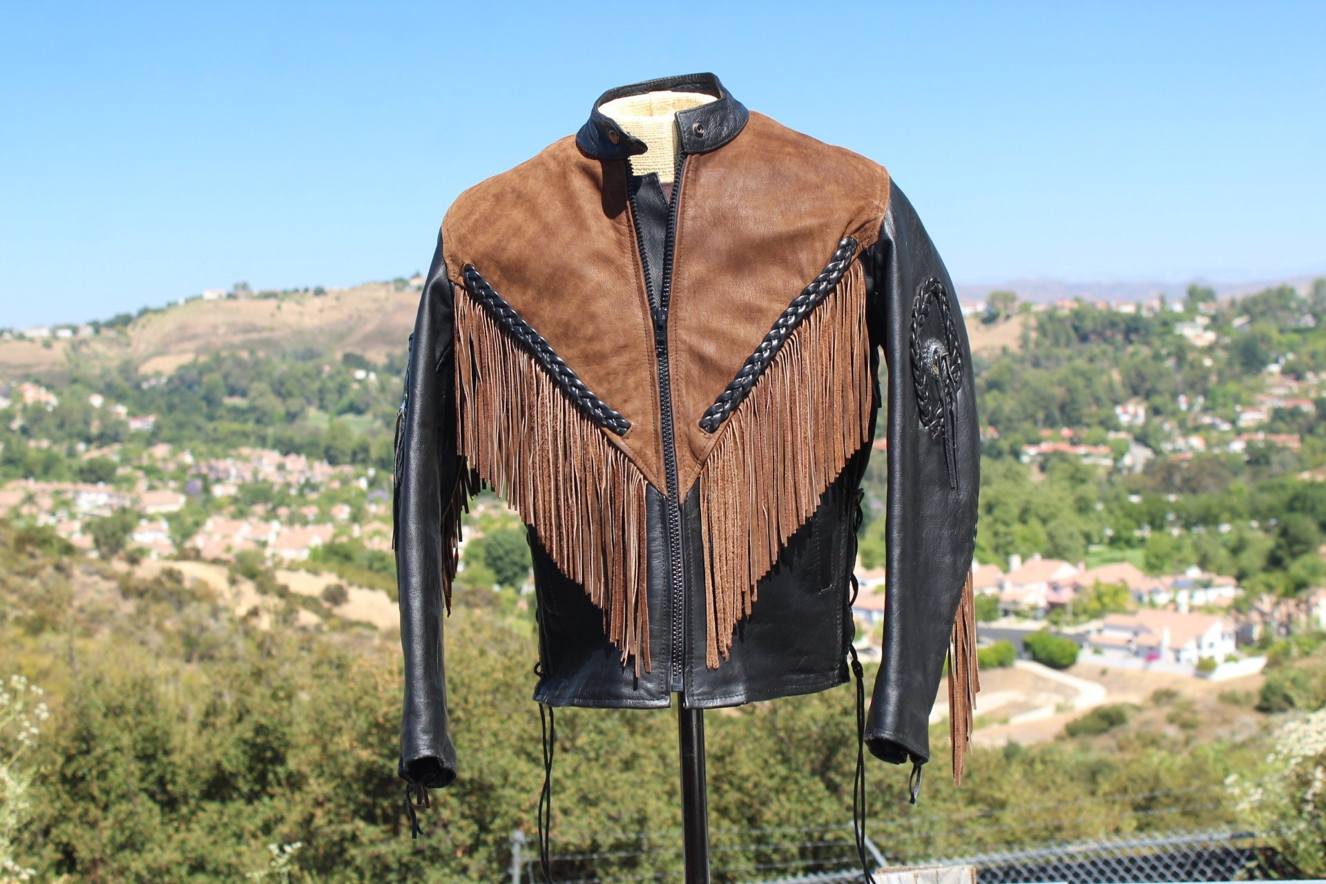 70s Black / Brown Fringe Motorcycle Jacket Small (vintage / 70s