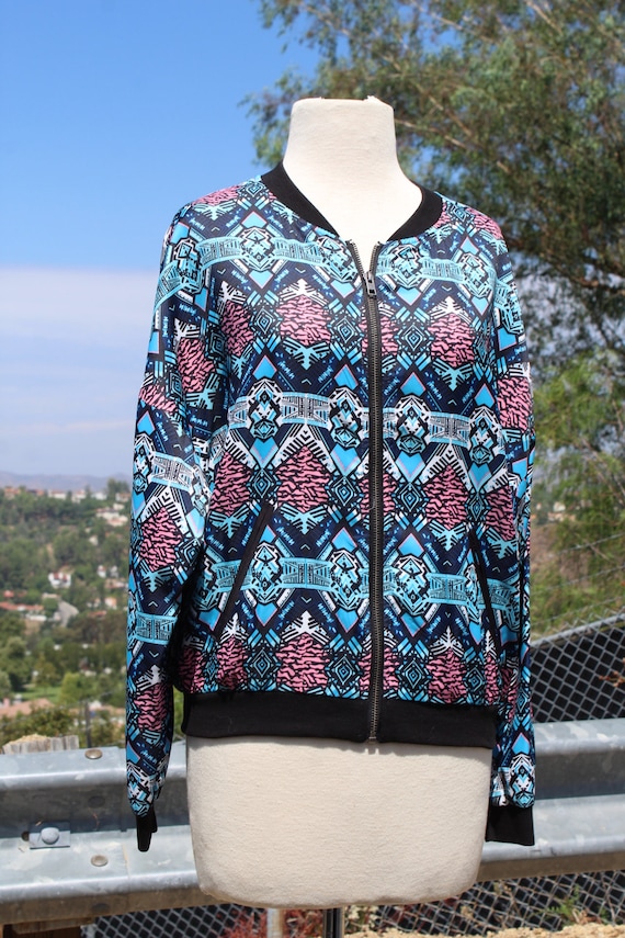 Blue Patterned Lightweight Bomber Jacket Small (V… - image 3