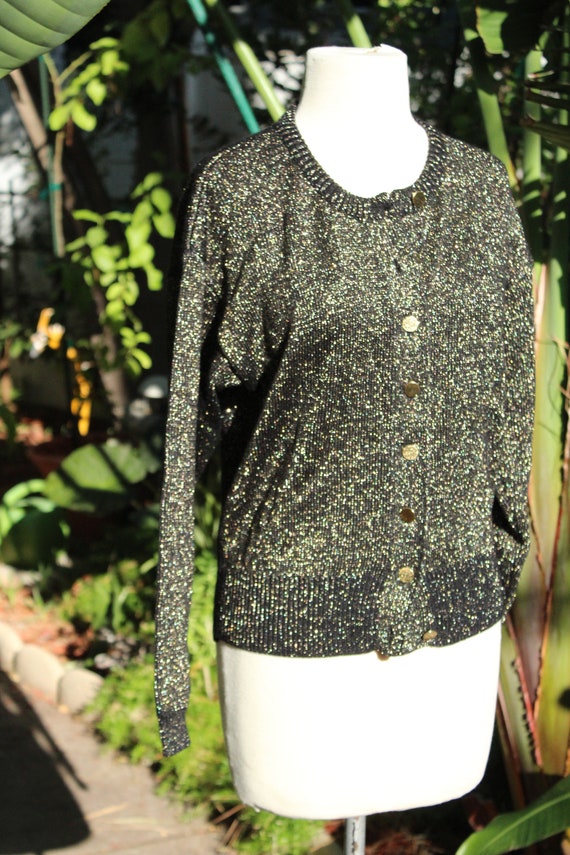 Black / Gold Shiny Wool Vintage Cardigan (Vintage… - image 2