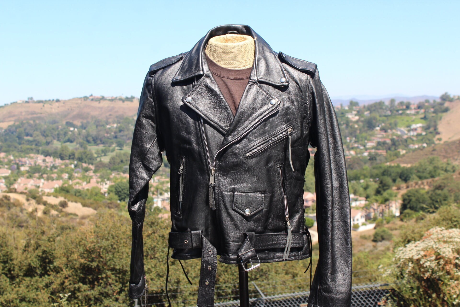70s Black Leather Motorcycle Jacket 40 W Leather Laces (vintage
