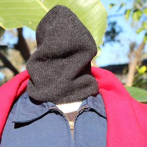 May include: A dark gray knit hood is worn over a blue jacket with a gold zipper. A bright red scarf is draped around the neck. The background features green leaves and sunlight.