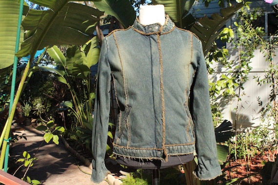 Blue Denim Motorcycle Jacket w Brown Shearling Li… - image 1