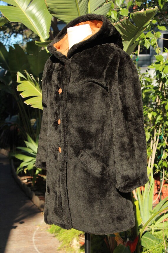 70s Black Faux Fur Hooded Coat w Reversible Brown… - image 3