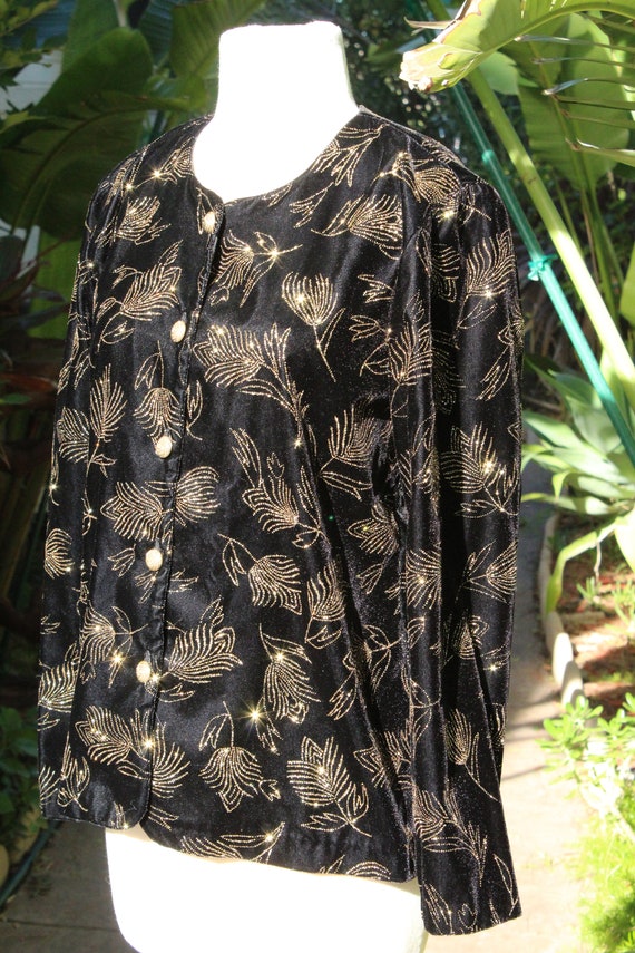 Vintage 80s Black Velvet & Metallic Womens Jacket… - image 3