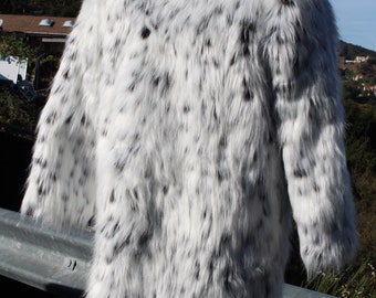 Long White and Black Dalmatian Faux Fur Coat Large Hook and Eyes