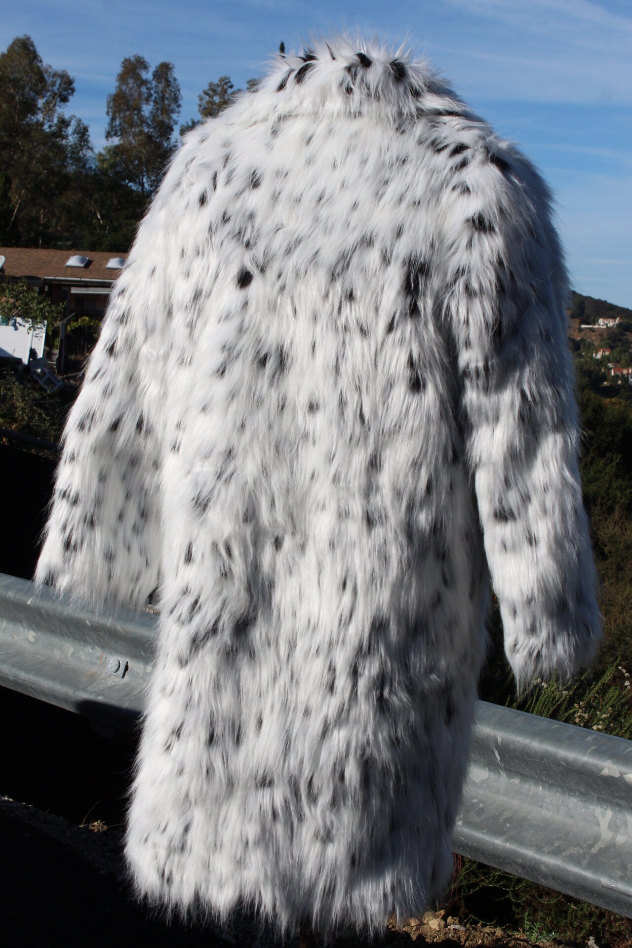 Long White and Black Dalmatian Faux Fur Coat Large Hook and Eyes