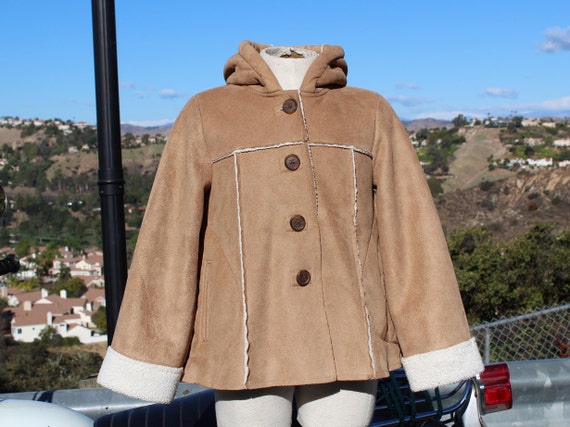 Kid's Vegan Brown Shearling Coat w/ Hood (Vintage… - image 1