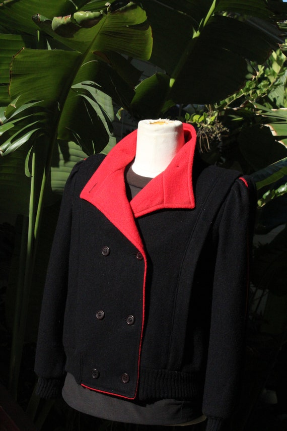 80s Black and Red Wool Womens Jacket w Knit Cuffs… - image 3