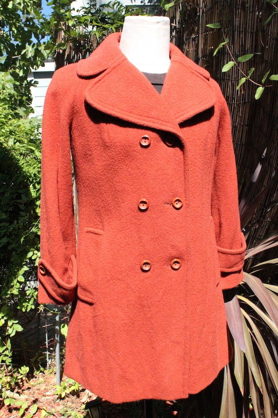 60s Pink Salmon Wool Double Breasted Trench Coat … - image 2