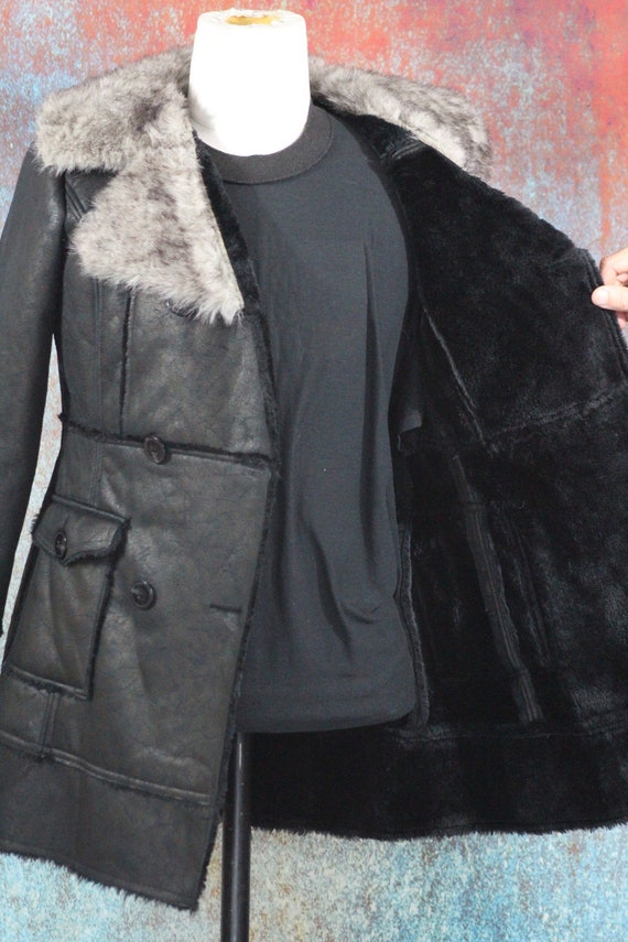 Black Vegan Shearling Double Breasted Coat with S… - image 7