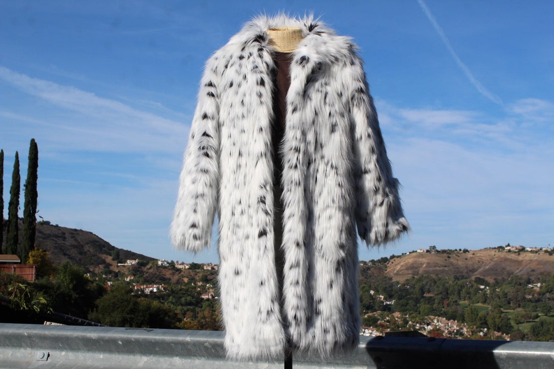 Long White and Black Dalmatian Faux Fur Coat Large Hook and Eyes