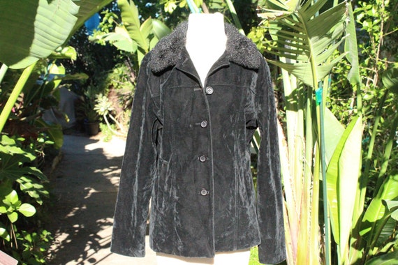 Vintage 80s Womens Black Velvet Jacket w/ Faux Fu… - image 1