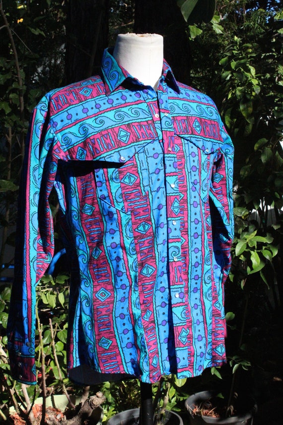 Vintage 60s Blue Patterned Cotton Western Cowboy … - image 3