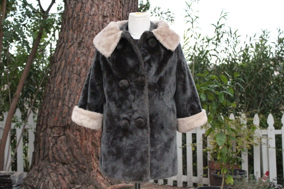 Rare 50s Black Faux Fur Swing Coat w/ White Colla… - image 1