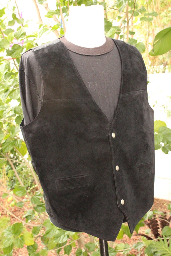 Vintage Western Black Suede Leather Vest w/ Snap … - image 2