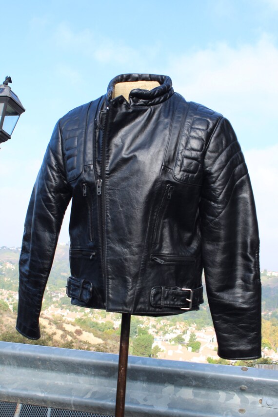 Unique Vintage 70s Black Leather Motorcycle Jacket 42 (vintage