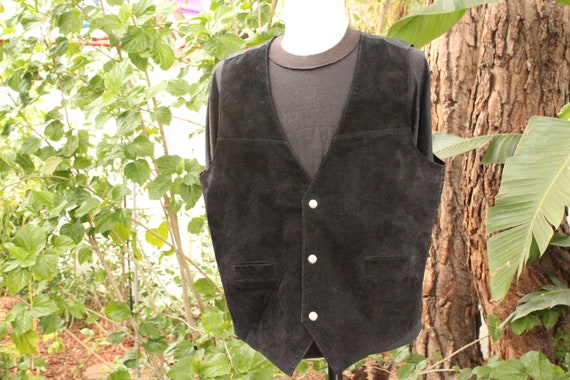 Vintage Western Black Suede Leather Vest w/ Snap … - image 1