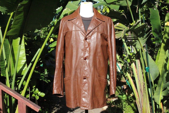 Long Vintage 70s Brown Leather Sears Jacket w/ Re… - image 1