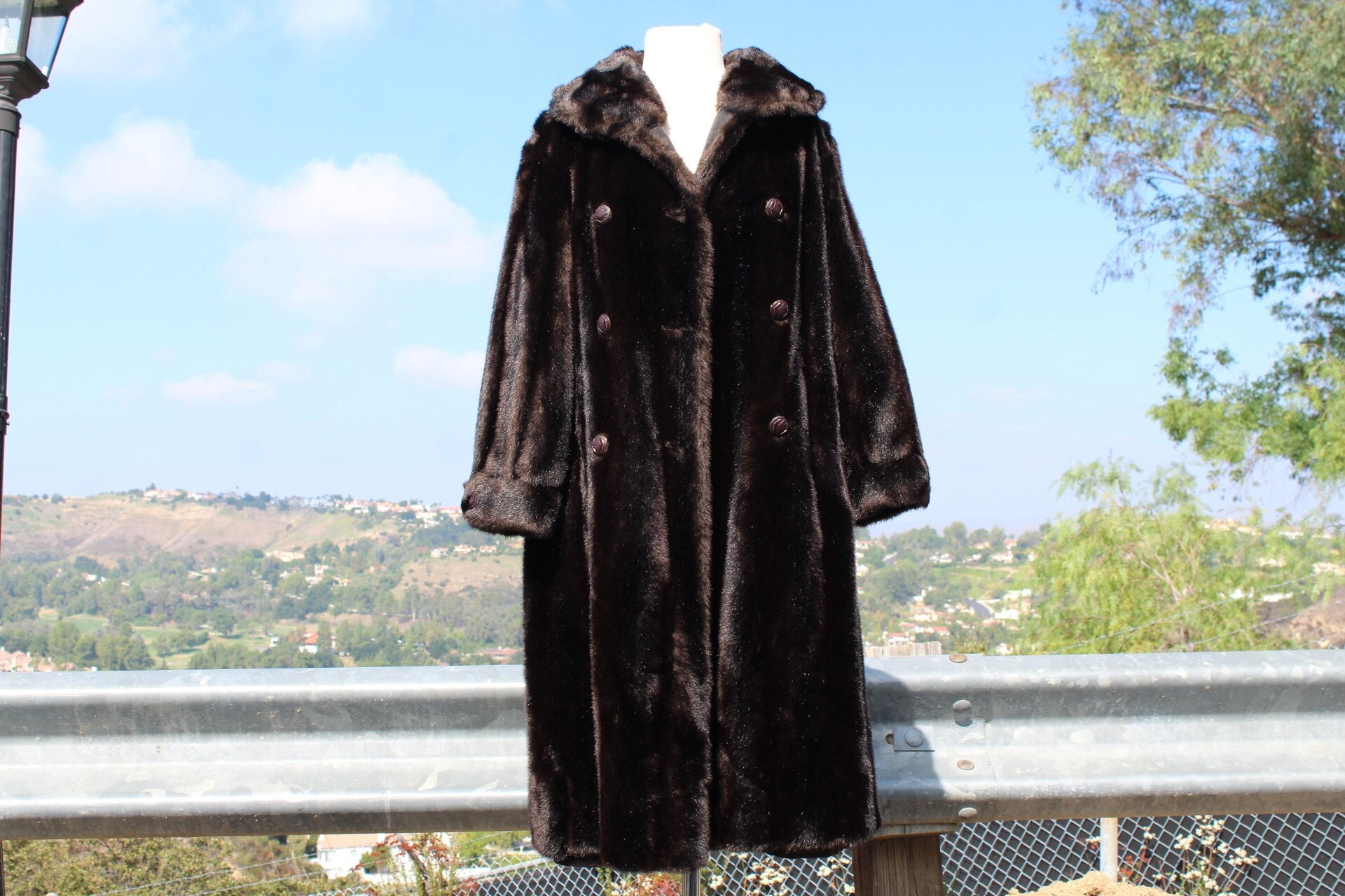 Long Vintage 60s Faux Mink Fur Overcoat Double Breasted US 12