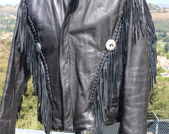 70s Black Leather Fringe Motorcycle Jacket 38 (vintage / 70s