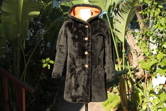 70s Black Faux Fur Hooded Coat w Reversible Brown… - image 1