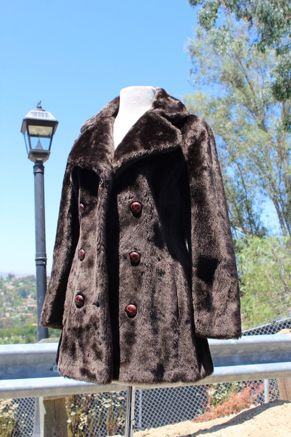 70s Brown Faux Fur Double Breasted Womens Coat 8 … - image 6