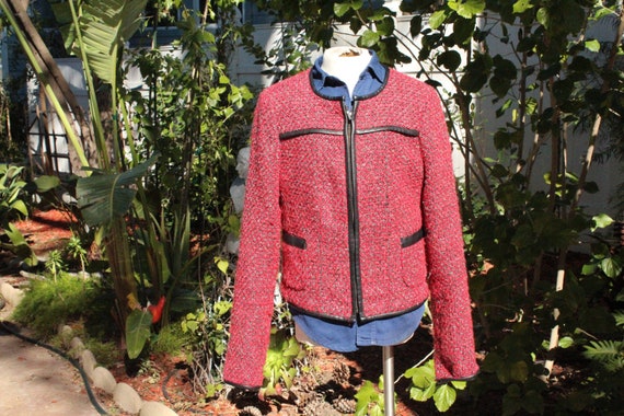 Small Red / Black Tweed Bomber Jacket (Vintage / … - image 1