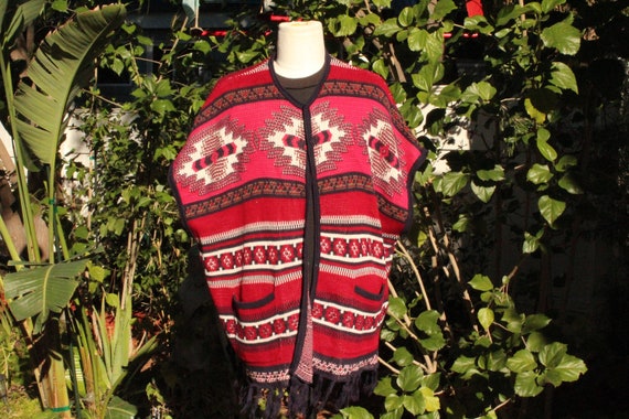 Red Aztec Print Poncho w/ Pockets and Fringe (Vin… - image 1