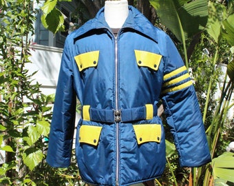 60s Blue / Yellow Ski Puffer Jacket w Double Zipper Belt Made in USA (Vintage / 60s / Erik Raven)