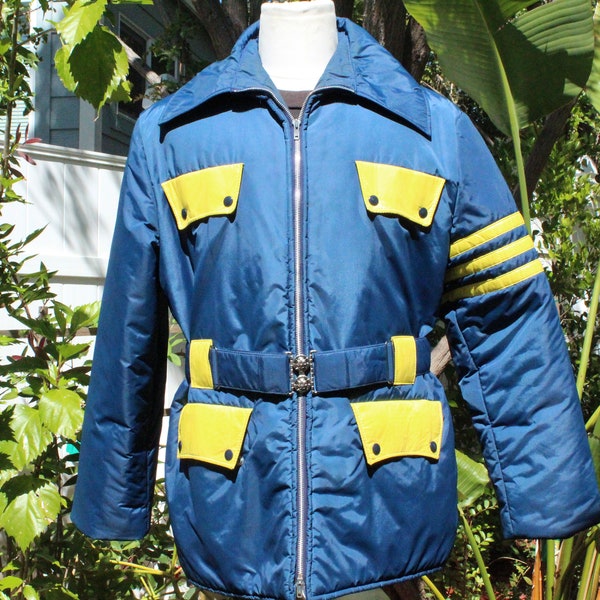 60s Blue / Yellow Ski Puffer Jacket w Double Zipper Belt Made in USA (Vintage / 60s / Erik Raven)