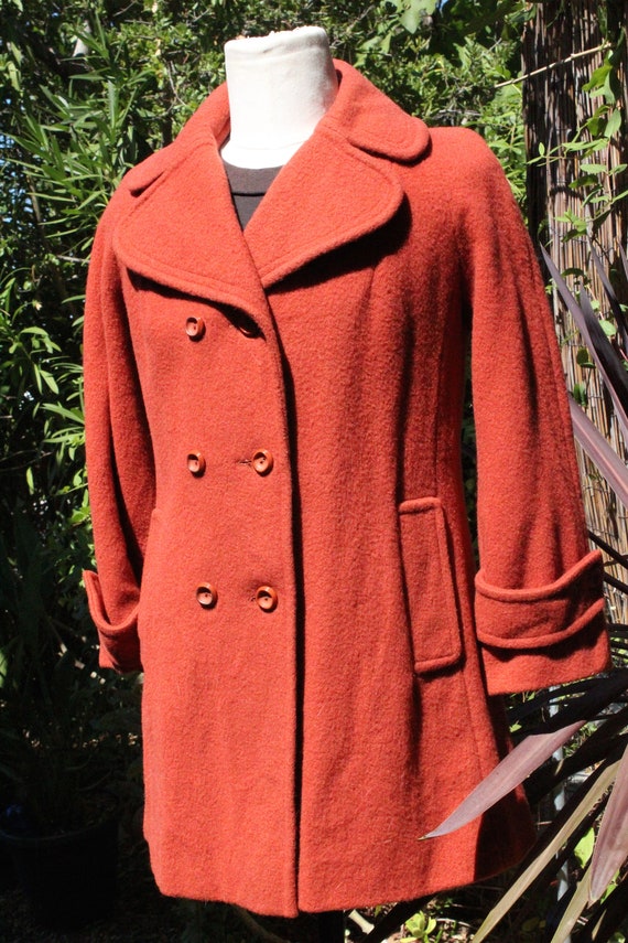 60s Pink Salmon Wool Double Breasted Trench Coat … - image 3