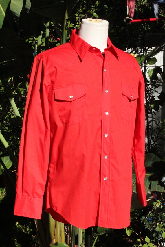 Vintage 60s Bright Red Western Cowboy Shirt NOS M… - image 3