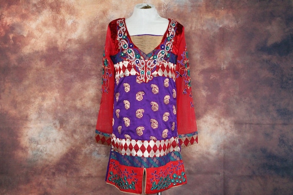 Kid's Red / Purple Indian Paisley Dress w Mesh Arm