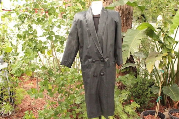 Long 80s Black Leather Vintage Trench Coat (Vinta… - image 1