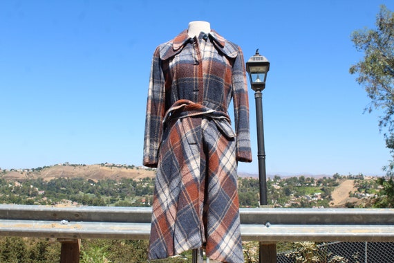 RARE 70s Long Blue White Orange Plaid Long Trench… - image 2