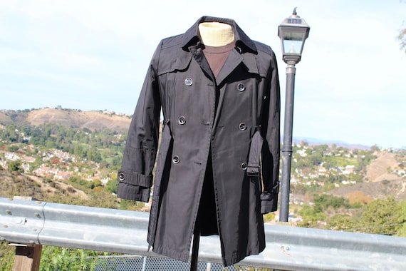 Small Black Womens Double Breasted Trench Coat Small (vintage