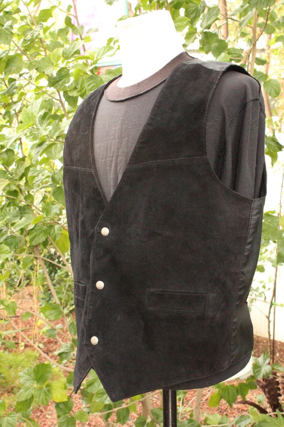 Vintage Western Black Suede Leather Vest w/ Snap … - image 3