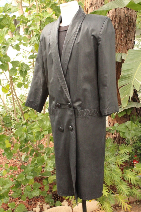 Long 80s Black Leather Vintage Trench Coat (Vinta… - image 3